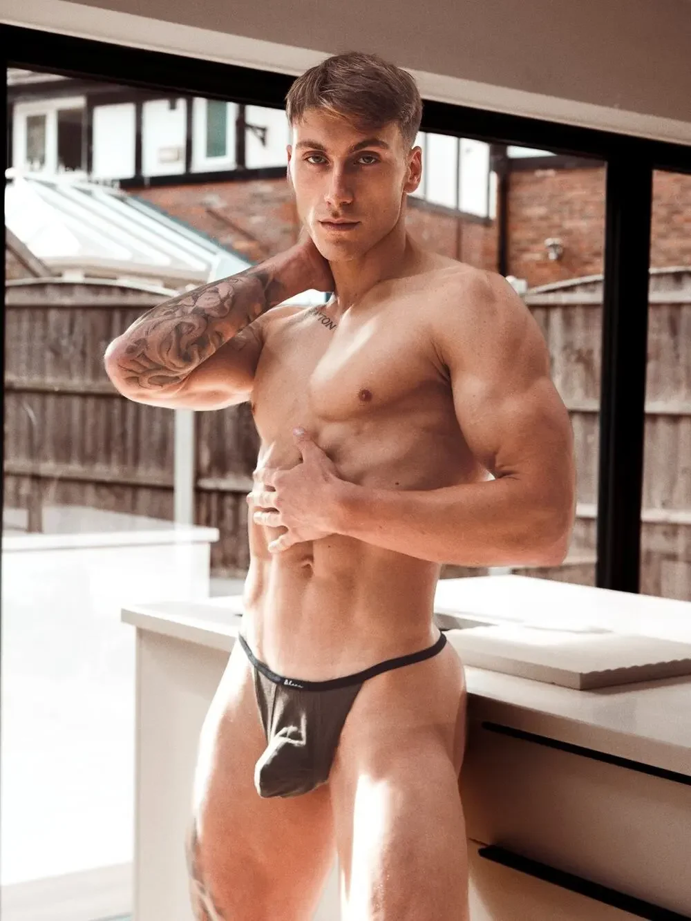 NEW Blanc Menswear Cotton BL010 Bruge T-String Thong Color Khaki Green pouch